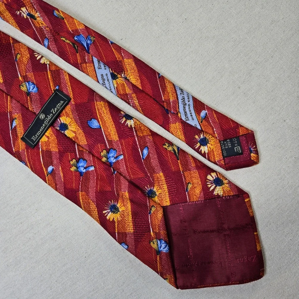 Ermenegildo Zegna Vintage Tie Silk 1990s Orange Navy Floral Made Italy‎ Designer